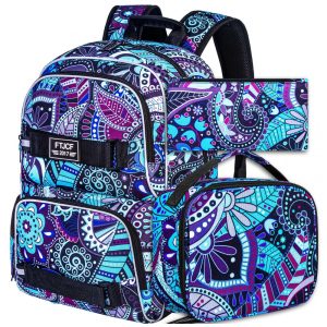 Mochila AGSDON 3 em 1 roxa escura com estampa floral para notebook 17" com lancheira e estojo