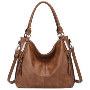 Bolsa de Ombro Feminina de Couro Sintético com Alça Superior KL928 Marrom Claro