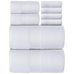 Jogo de Toalhas de Luxo para Hotel Altamente Absorventes com 8 Peças e 100% Algodão White Classic Branca