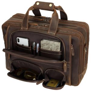 Bolsa Carteiro Masculina de Couro Genuíno para Laptop com 173 Polegadas e Fecho em Zíper Texas Marrom