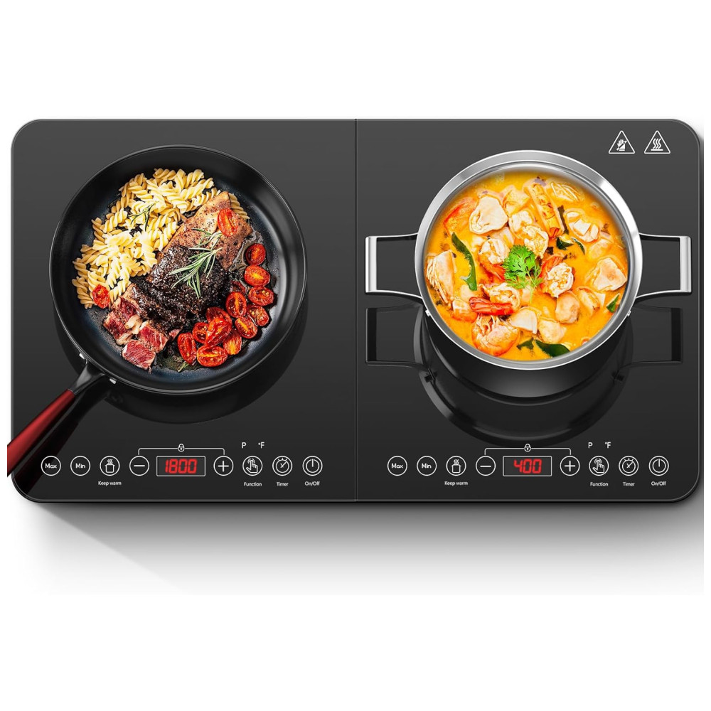 Cooktop de Indução Elétrico com Controle Independente dos 2 Queimadores Temperatura Ajustável Temporizador de 4H e Trava de Segurança 110V 1800W Aobosi Preto