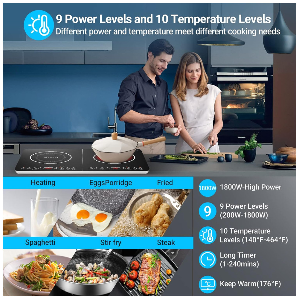 Cooktop de Indução Elétrico com Controle Independente dos 2 Queimadores Temperatura Ajustável Temporizador de 4H e Trava de Segurança 110V 1800W Aobosi Preto - Imagem 2