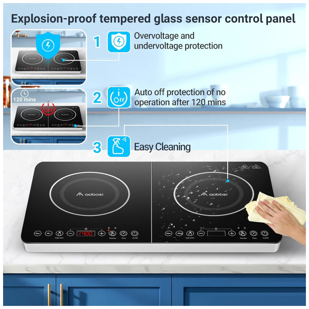 Cooktop de Indução Elétrico com Controle Independente dos 2 Queimadores Temperatura Ajustável Temporizador de 4H e Trava de Segurança 110V 1800W Aobosi Preto - Imagem 4