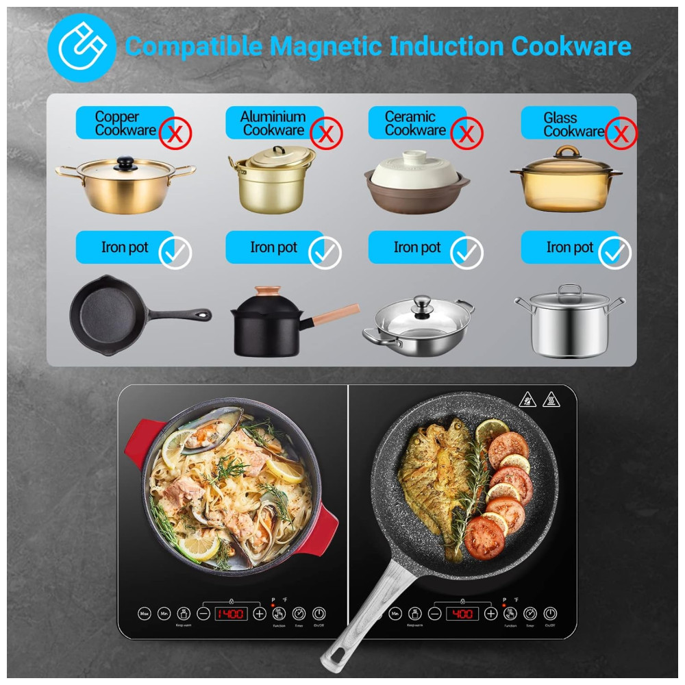 Cooktop de Indução Elétrico com Controle Independente dos 2 Queimadores Temperatura Ajustável Temporizador de 4H e Trava de Segurança 110V 1800W Aobosi Preto - Imagem 5