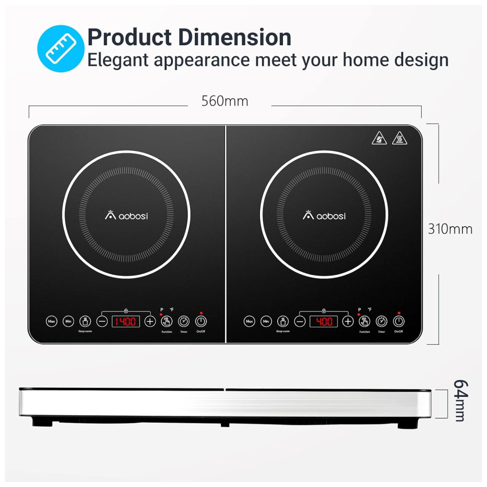 Cooktop de Indução Elétrico com Controle Independente dos 2 Queimadores Temperatura Ajustável Temporizador de 4H e Trava de Segurança 110V 1800W Aobosi Preto - Imagem 7