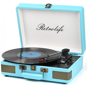 Toca-Discos Retrolife Bluetooth Portátil em Maleta de Vinil de 3 Velocidades com Alto-Falantes Integrados e Design Vintage em Couro PU