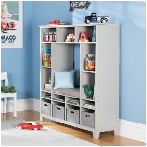 Sistema de armazenamento infantil Martha Stewart Kids Storage System Cinza com nichos prateleiras e banco com almofada 129cm