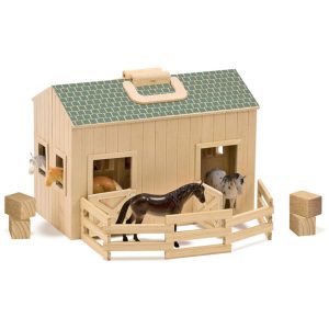 Celeiro de Madeira Portátil para Cavalos com 11 Peças e Alça de Transporte para Crianças Acima de 3 Anos Melissa & Doug
