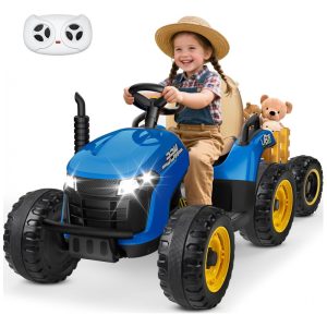 Trator Infantil Elétrico ANPABO Azul 24V Trailer Basculante Removível Pneus EVA Controle Remoto com Som Realista e Bluetooth