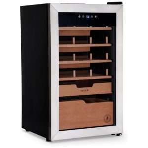 Umidor para Charutos Elétrico com Capacidade para 500 Charutos Prateleiras de Cedro Espanhol e Controle de Temperatura 110V Newair Prata e Preto