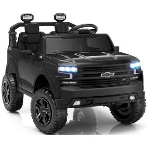 Carro Elétrico Infantil Chevrolet Silverado 24V Preto 2 Lugares com Controle Remoto Bluetooth Luzes LED e Cinto de Segurança