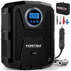 Compressor de Ar com Fio Portátil 150 PSI Recarregável com Tela LED e Desligamento Automático 12V FORTEM Preto