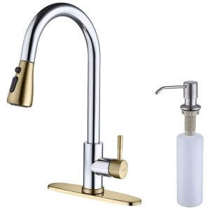 Torneira Cozinha com Dispensador de Sabão Pulverizador de 3 Modos Aço Inoxidável Keer Cromada e Dourada