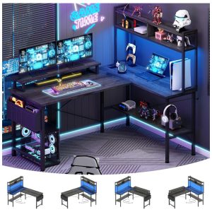 Mesa Gamer em L Aheaplus Carvalho Cinza com Tomadas Elétricas Luzes LED Suporte para Monitor e Prateleiras 49 polegadas (124 cm)