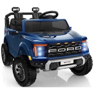 Carro Elétrico Infantil Licenciado Ford F-150 Raptor 24V Azul 2 Lugares com Controle Remoto, Bluetooth, Luzes LED, Baú e Partida Suave
