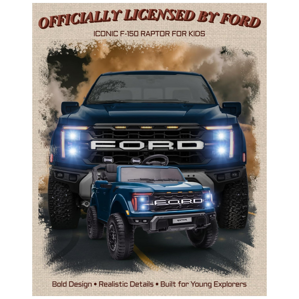 Carro Elétrico Infantil Licenciado Ford F-150 Raptor 24V Azul 2 Lugares com Controle Remoto, Bluetooth, Luzes LED, Baú e Partida Suave - Imagem 2