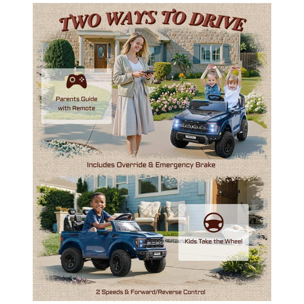 Carro Elétrico Infantil Licenciado Ford F-150 Raptor 24V Azul 2 Lugares com Controle Remoto, Bluetooth, Luzes LED, Baú e Partida Suave - Imagem 3