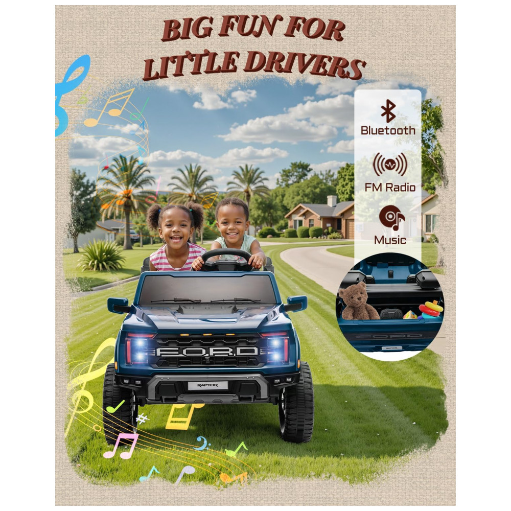 Carro Elétrico Infantil Licenciado Ford F-150 Raptor 24V Azul 2 Lugares com Controle Remoto, Bluetooth, Luzes LED, Baú e Partida Suave - Imagem 4