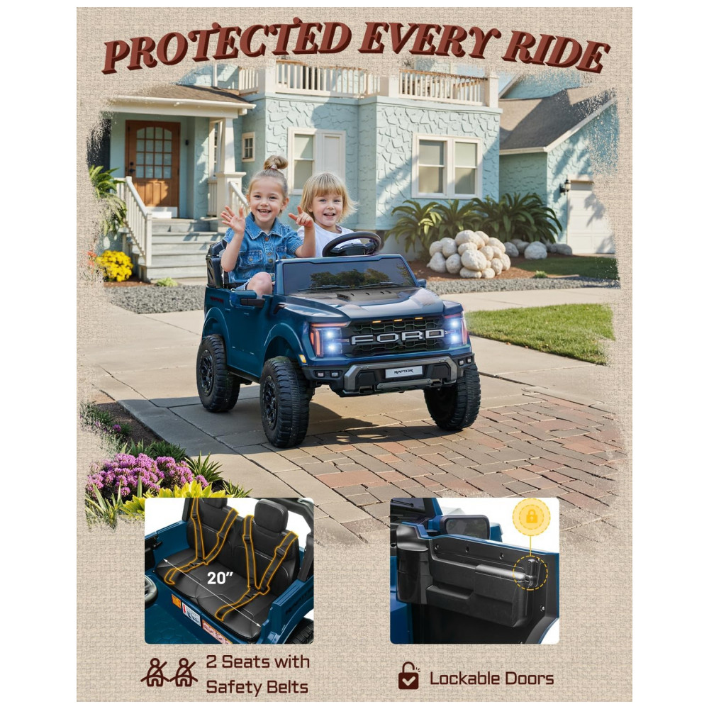 Carro Elétrico Infantil Licenciado Ford F-150 Raptor 24V Azul 2 Lugares com Controle Remoto, Bluetooth, Luzes LED, Baú e Partida Suave - Imagem 5
