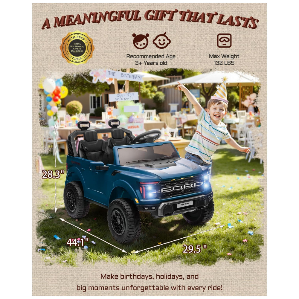 Carro Elétrico Infantil Licenciado Ford F-150 Raptor 24V Azul 2 Lugares com Controle Remoto, Bluetooth, Luzes LED, Baú e Partida Suave - Imagem 8