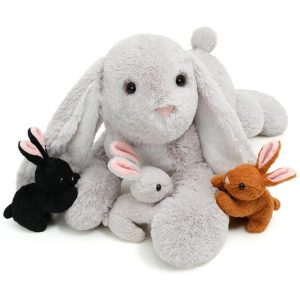 Coelho de Pelúcia Gigante de 60 cm com 3 Coelhinhos Pequenos e Fofos BENINY Cinza