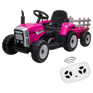 Trator Elétrico Infantil 12V com Reboque Carro de Passeio para Crianças com Controle Remoto Faróis de LED MP3 e USB - 3 a 6 Anos Rosa
