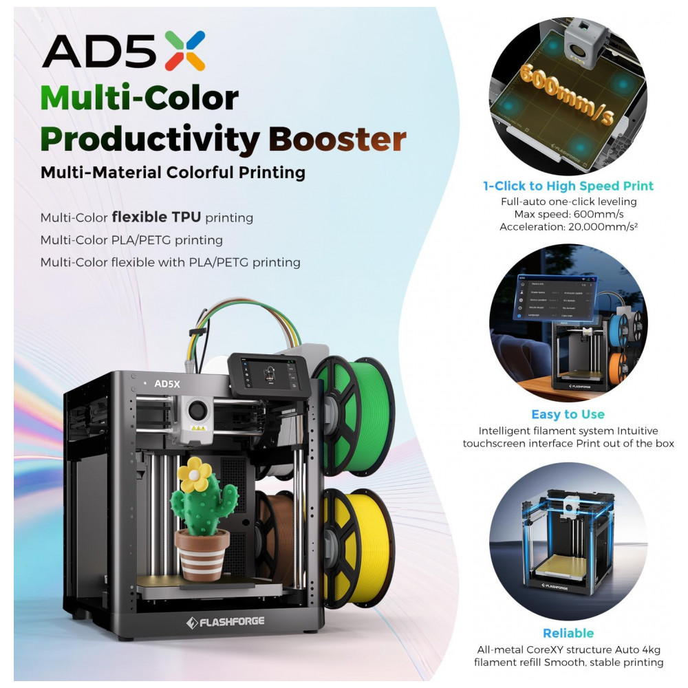 Imprima em 3D com a FLASHFORGE AD5X sem Filamento - Cores Múltiplas, Velocidade Alta de 600mm/s, Precisão, Calibração Automática, Extrusora Direta de - Imagem 2