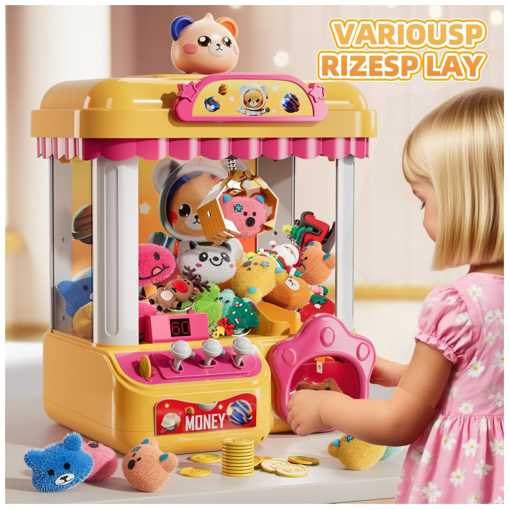 Máquina de Garra Eletrônica Amarelo e Rosa BLmukce – Mini Vending Machine Infantil com 10 Pelúcias, 20 Moedas, Música e Temporizador de 60s - Imagem 2