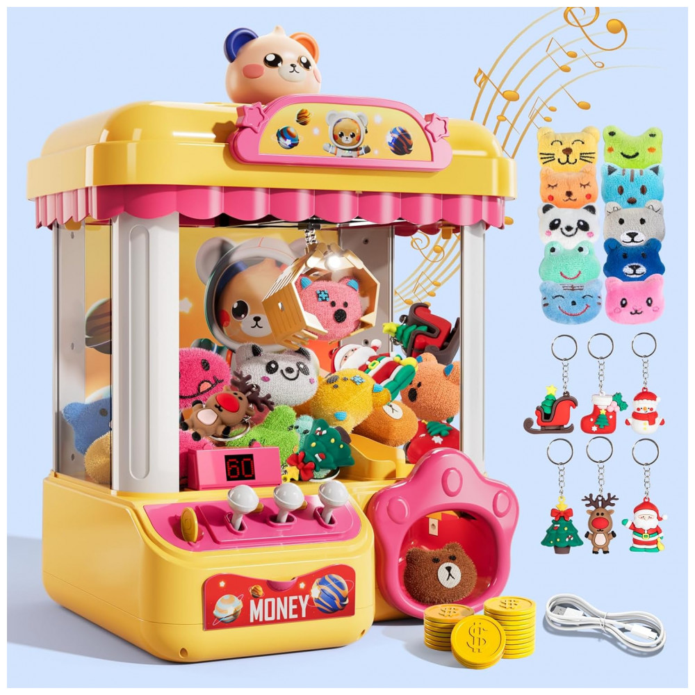 Máquina de Garra Eletrônica Amarelo e Rosa BLmukce – Mini Vending Machine Infantil com 10 Pelúcias, 20 Moedas, Música e Temporizador de 60s - Imagem 6