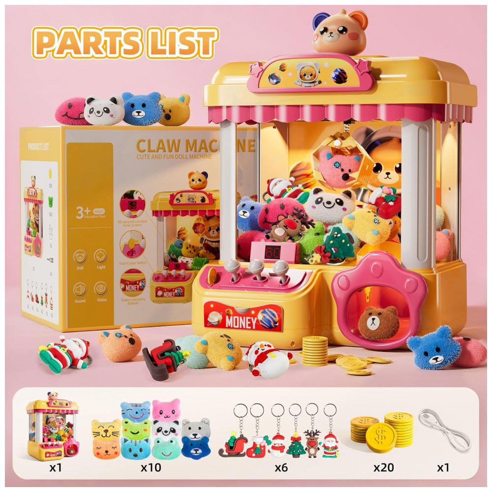 Máquina de Garra Eletrônica Amarelo e Rosa BLmukce – Mini Vending Machine Infantil com 10 Pelúcias, 20 Moedas, Música e Temporizador de 60s - Imagem 7