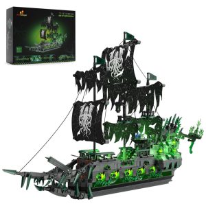 Kit de Construção Navio Fantasma Flying Dutchman com Luzes e 1100 Peças JMBricklayer Preto e Verde