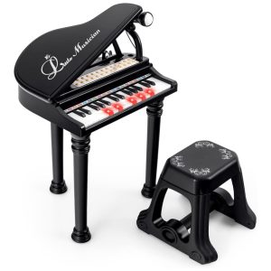 Piano Teclado Infantil com 31 Teclas Banco Microfone e Modo Ensino LED Costzon Preto