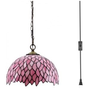 MQYXH Luminária Pendente Tiffany com Vidro Colorido Folha Rosa 30x30x470cm para Sala e Quarto