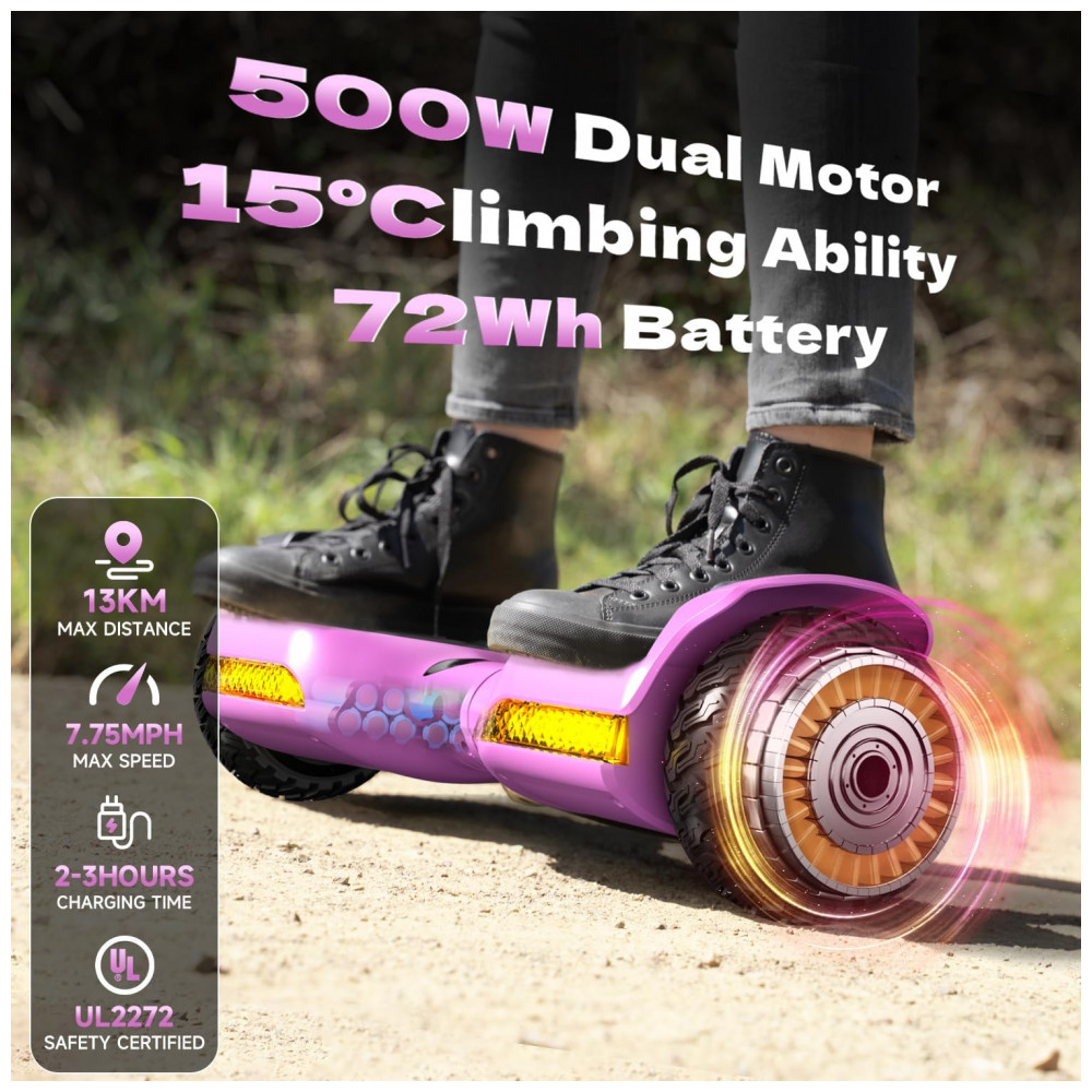Gyroor G13 - Hoverboard Rosa com Luzes LED, Motor de 500W e Bluetooth para Crianças de 6 a 12 anos e Adultos - Imagem 4