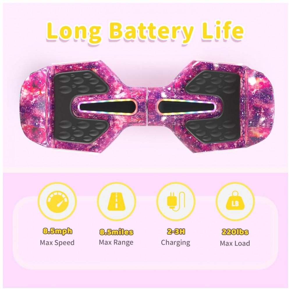Hoverboard SIMATE Roxo Galáxia 6,5" com Bluetooth, Luzes LED e Certificação UL2272 – Até 13,7 km/h, Autonomia de 12,8 km - Imagem 3