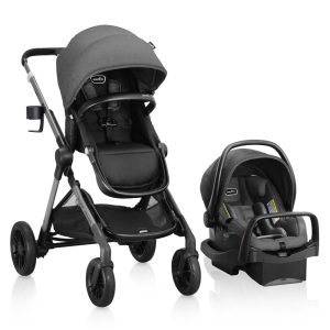 Carrinho de Bebê Travel System Modular com Assento de Carro Infantil LiteMax Barra Anti-Rebote e 23 Configurações Evenflo Cinza