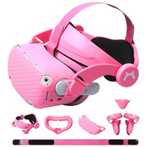 Alça de cabeça para Oculus Quest 2 com capa de silicone para controle de toque capa protetora de concha VR e capa facial VR 6 em 1 conjunto de reposição MODJUEGO Rosa