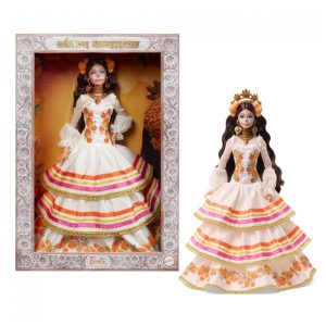 Boneca colecionável Barbie Signature Día De Muertos 2025 vestido creme com flores cempasúchil rosto calavera e corpo articulado para exposição