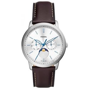 Relógio Masculino Analógico de Quartzo com Pulseira de Couro Fossil FS5905 Prata e Marrom