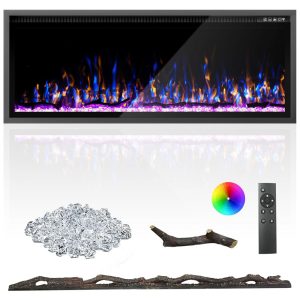 Lareira Elétrica de 127 cm Ultrafina Embutida ou de Parede Troncos Madeira Flutuante ou Cristais Controle Remoto Termostato TimerKucreiheat