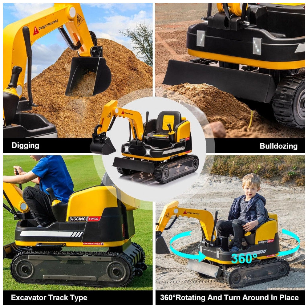 Escavadeira Infantil Elétrica JOYLDIAS Amarela 12V 360° Rotativa Buldôzer Controle Remoto MP3 USB Trilhos Multi-Terreno Toolbox - Imagem 2