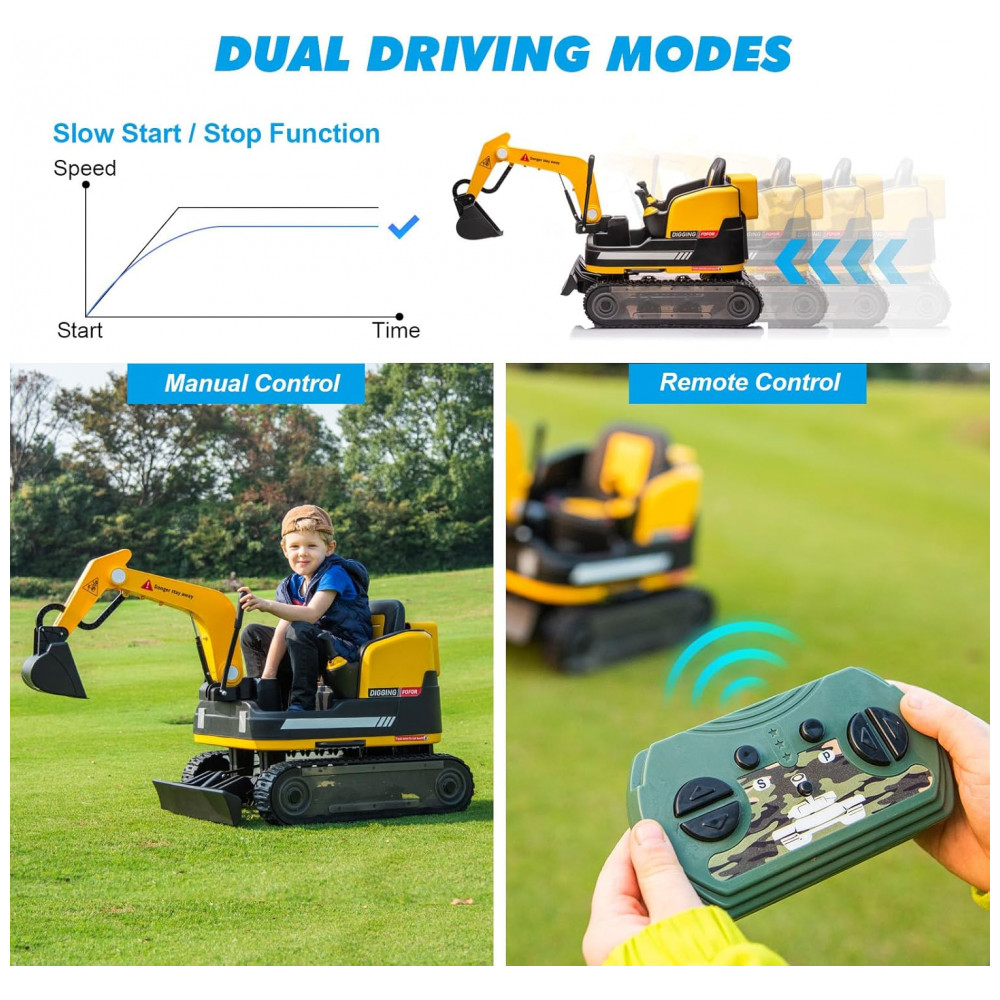 Escavadeira Infantil Elétrica JOYLDIAS Amarela 12V 360° Rotativa Buldôzer Controle Remoto MP3 USB Trilhos Multi-Terreno Toolbox - Imagem 3