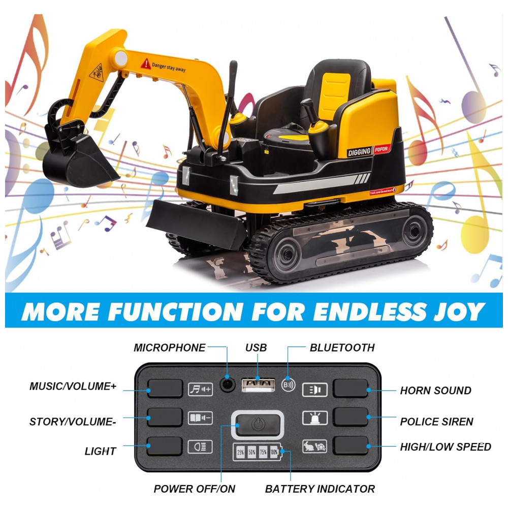 Escavadeira Infantil Elétrica JOYLDIAS Amarela 12V 360° Rotativa Buldôzer Controle Remoto MP3 USB Trilhos Multi-Terreno Toolbox - Imagem 5