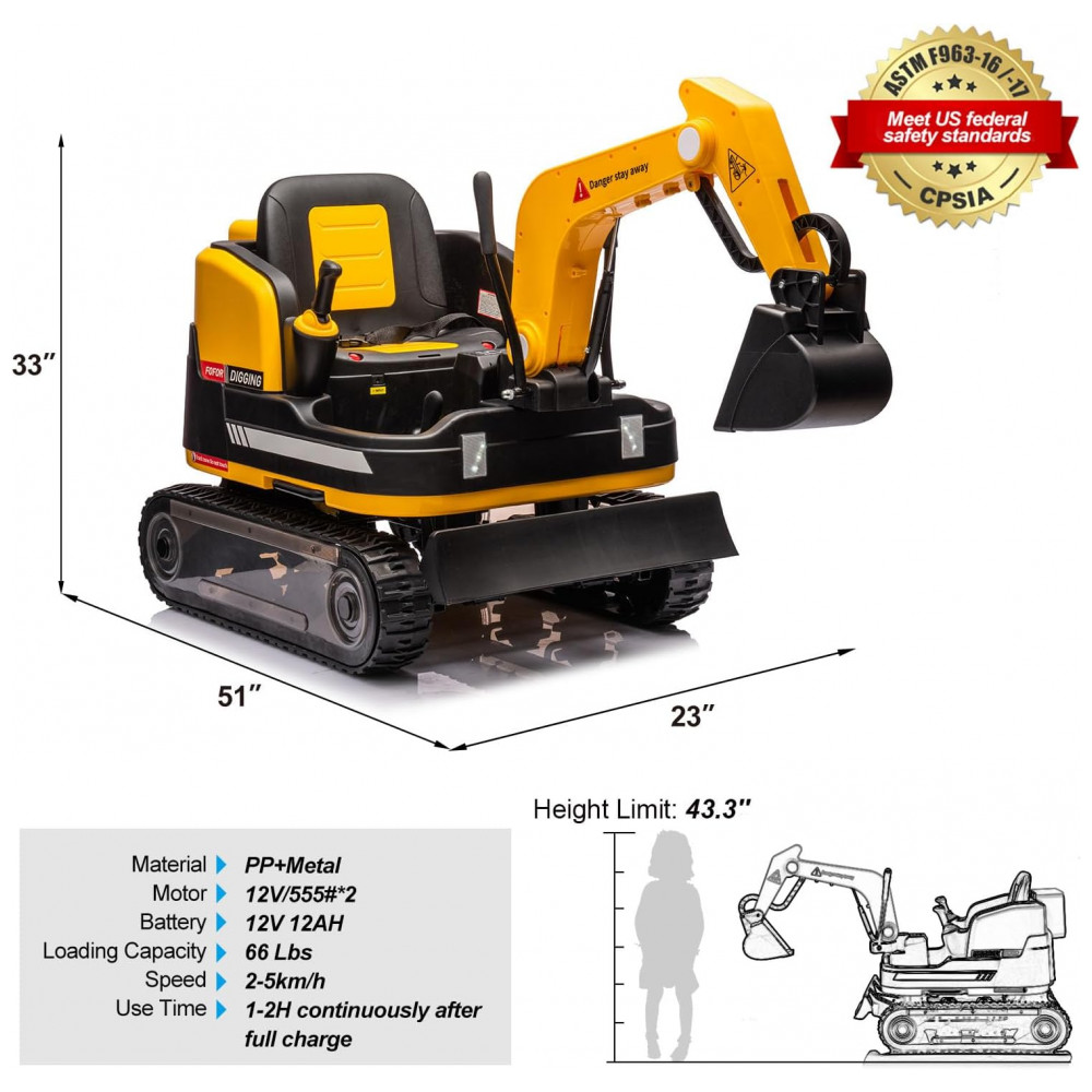 Escavadeira Infantil Elétrica JOYLDIAS Amarela 12V 360° Rotativa Buldôzer Controle Remoto MP3 USB Trilhos Multi-Terreno Toolbox - Imagem 6