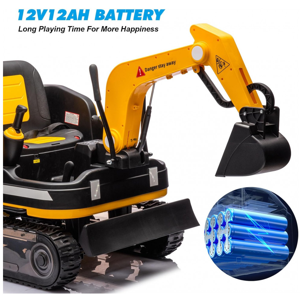 Escavadeira Infantil Elétrica JOYLDIAS Amarela 12V 360° Rotativa Buldôzer Controle Remoto MP3 USB Trilhos Multi-Terreno Toolbox - Imagem 7