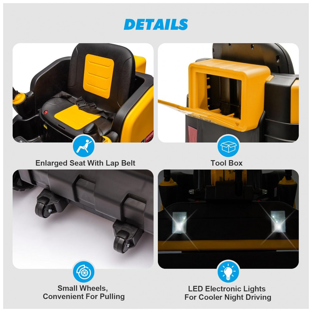 Escavadeira Infantil Elétrica JOYLDIAS Amarela 12V 360° Rotativa Buldôzer Controle Remoto MP3 USB Trilhos Multi-Terreno Toolbox - Imagem 8