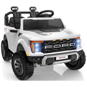 Carro Elétrico Infantil Licenciado Ford F-150 Raptor 24V Branco 2 Lugares com Controle Remoto Bluetooth Luzes LED Baú e Partida Suave