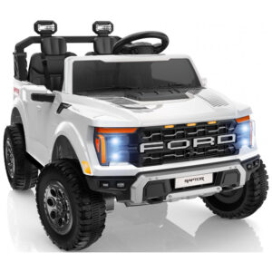 Carro Elétrico Infantil Licenciado Ford F-150 Raptor 24V Branco 2 Lugares com Controle Remoto, Bluetooth, Luzes LED, Baú e Partida Suave
