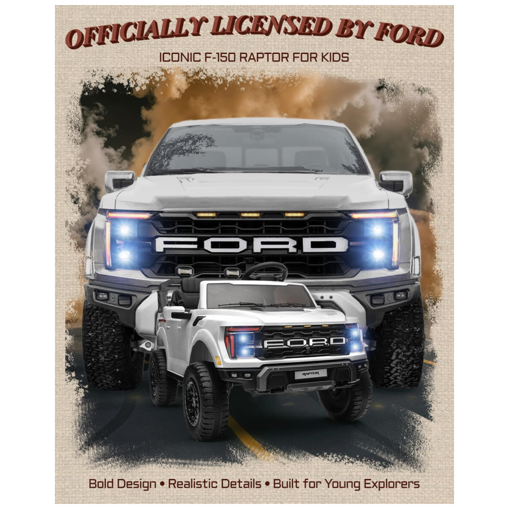 Carro Elétrico Infantil Licenciado Ford F-150 Raptor 24V Branco 2 Lugares com Controle Remoto, Bluetooth, Luzes LED, Baú e Partida Suave - Imagem 2