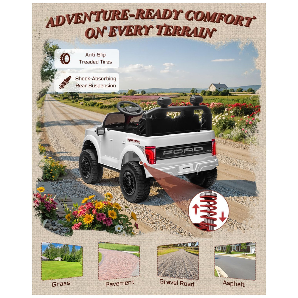 Carro Elétrico Infantil Licenciado Ford F-150 Raptor 24V Branco 2 Lugares com Controle Remoto, Bluetooth, Luzes LED, Baú e Partida Suave - Imagem 7